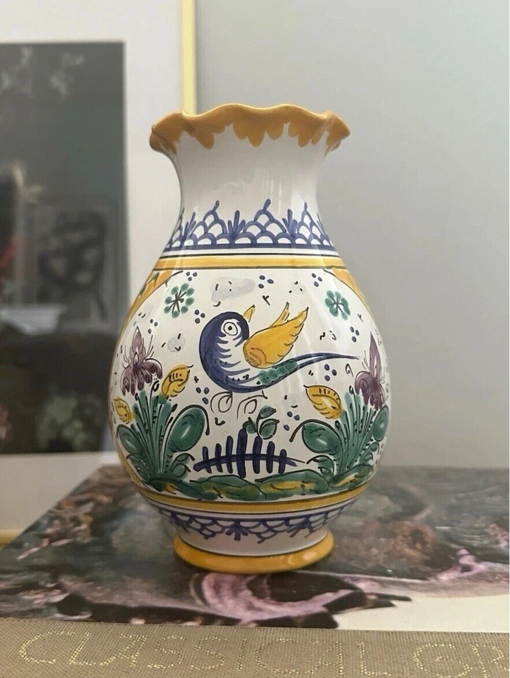 Hand-Painted European Ceramic Vase Classic Folk Art Bird And Floral Design